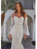 Beaded Lace Tulle Bohemian Wedding Dress With Detachable Sleeves Straps